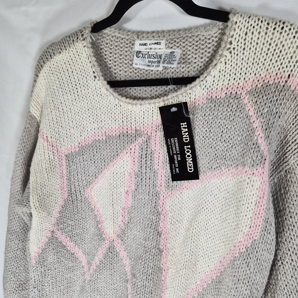 Nwt Vintage Hand Loomed Geometric Chunky Knit Sweater Gray Pink Cream